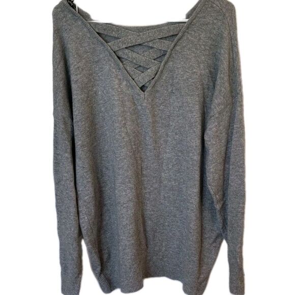 Du Jour Gray Sweater Womens Size L Oversize Drop Shoulder Criss Cross Back - Picture 4 of 8